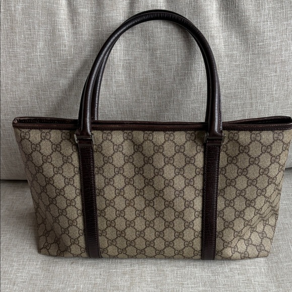 Gucci Beige Monogram Canvas Tote with Dark Brown Leather Accent - Picture 3 of 7